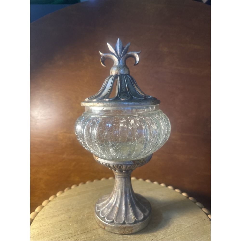 Vtg Clear Crackle Glass Potpourri Bowl W/ Decorative Champagne Lid & Base